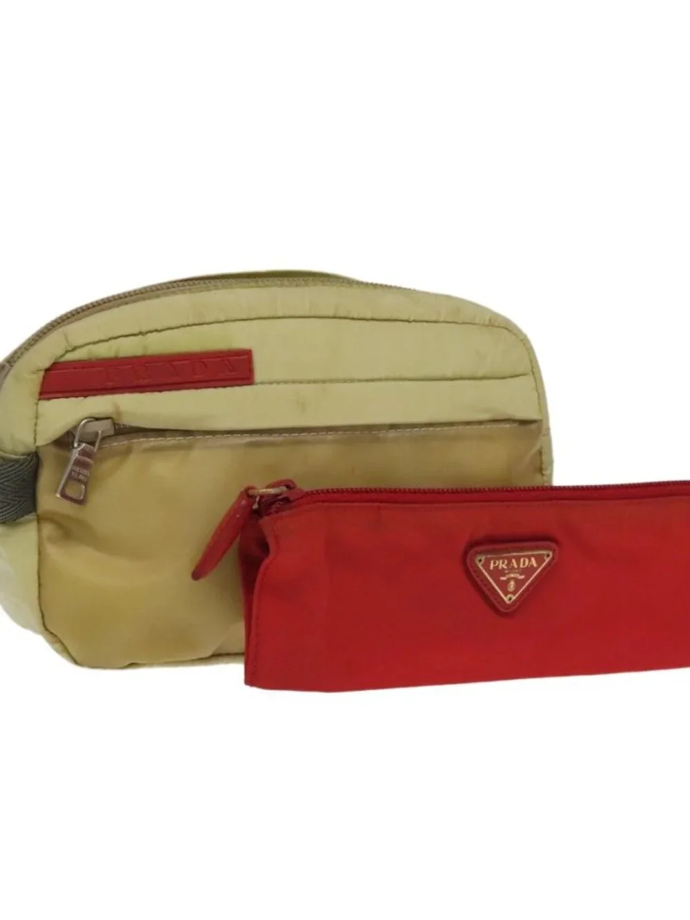 PRADA Sports Pouch Nylon 2 Set Red Beige Auth bs20324